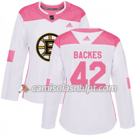 Camisola Boston Bruins David Backes 42 Adidas 2017-2018 Branco Rosa Fashion Authentic - Mulher